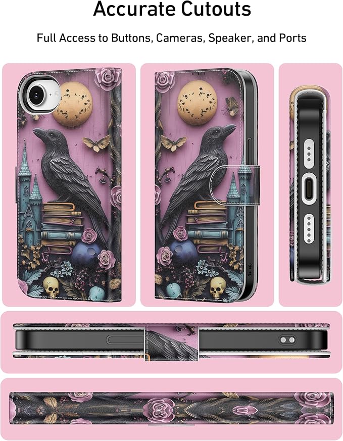 DEENAKIN for iPhone 16e Wallet Case with Card Holder + Cash Clip, RFID-Blocking, Military-Grade Drop Protection, Magnetic Closure with Leather Kickstand - Gothic Skull & Raven