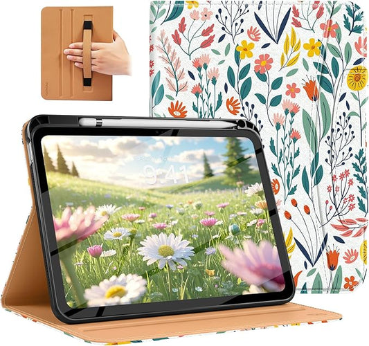 MoKo for iPad (A16) 11th Generation Case 11 inch 2025, iPad 10th Generation Case 10.9" 2022 with Pencil Holder & Pocket, Premium Leather Folio Stand Cover, Multiple Viewing Angles, Flowers