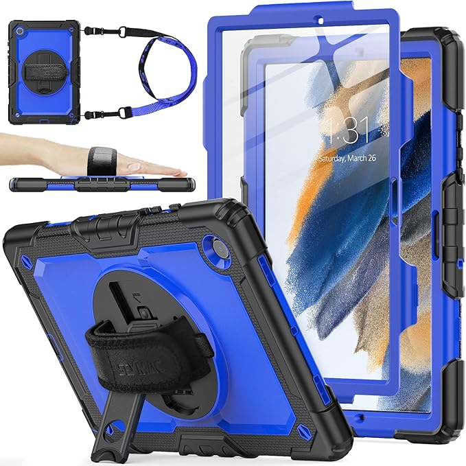 SEYMAC stock Case for Samsung Galaxy Tab A8 10.5'', Full-Body Drop Protection Case with Screen Protector Pencil Holder [360° Rotating Hand Strap] &Stand, Blue+Black