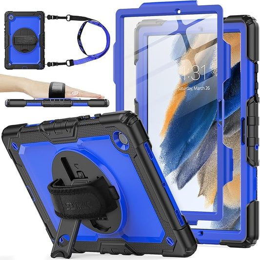 SEYMAC stock Case for Samsung Galaxy Tab A8 10.5'', Full-Body Drop Protection Case with Screen Protector Pencil Holder [360° Rotating Hand Strap] &Stand, Blue+Black