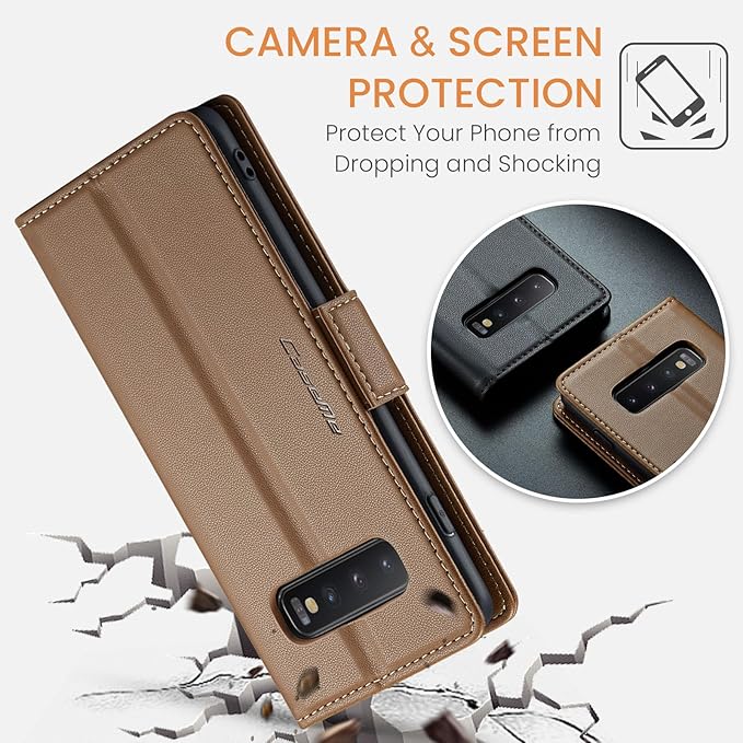 Case for Samsung Galaxy S10 Plus Wallet Case, RFID Blocking PU Leather Flip Folio Cover Card Holder Kickstand Shockproof Phone Case Compatible with Samsung Galaxy S10 Plus, Brown