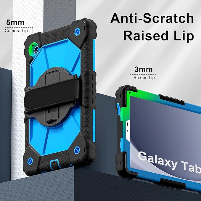 for Samsung Galaxy Tab A9 Case 8.7 inch SM-X110 X115 X117, Heavy Duty Shockproof Silicone Cover Rugged 360 Stand Hand Shoulder Strap for Galaxy A9 Tablet, Black/Blue