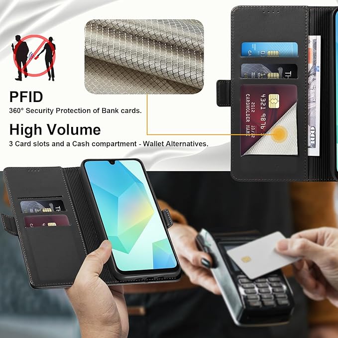 Wallet Flip Case for Samsung Galaxy A16 5G - [RFID Blocking] Luxury PU Leather Card Holder Magnetic Phone Cover with Kickstand,Shockproof Protective Case,Black