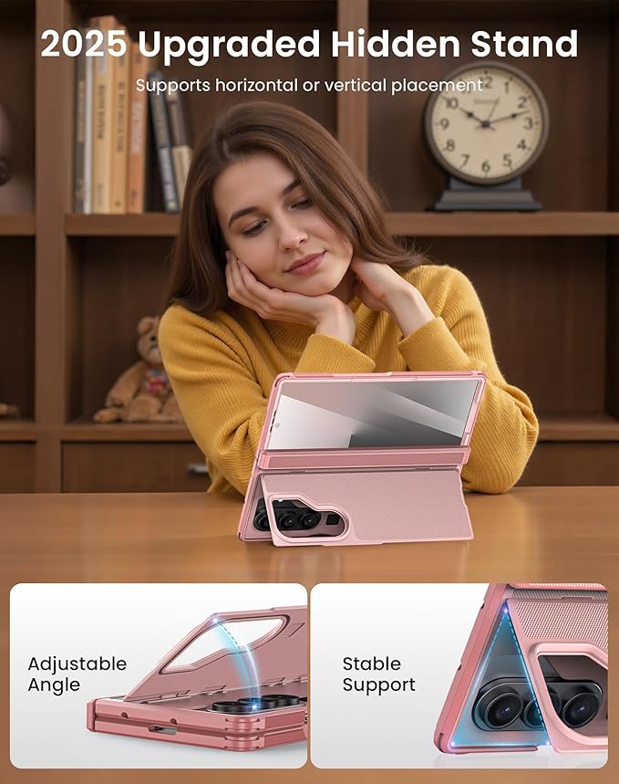 for Galaxy Z Fold 7 Case, Built-in Hidden Kickstand & HD Screen Protector & Hinge Protection, Slim Shockproof Military Grade Drop Protective Phone Case for Samsung Z Fold 7 (Pink)