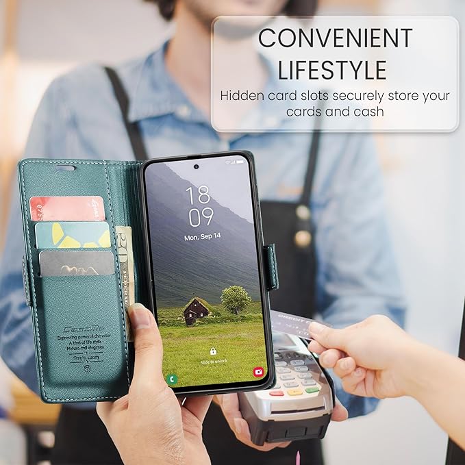 for Samsung Galaxy S25 Edge Case, Premium PU Leather Wallet Case Flip Cover with [RFID Blocking][Card Holder][Stand Function] Shockproof Protective for Samsung Galaxy S25 Edge, Blue-Green