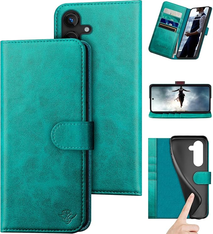 Compatible with Samsung Galaxy S25 Genuine Leather Wallet case【RFID Blocking】【4 Credit Card Holder】【Real Leather】 Flip Folio Book Phone case Cover Women Men for Samsung S25 case Blue Green