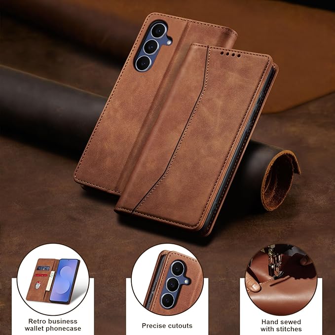 Jasonyu Flip Wallet Case for Samsung Galaxy S25 FE 5G,Leather Magnetic Folio Cover with Card Holder,Kickstand - TPU Shockproof Durable Protective Phone Case,Brown