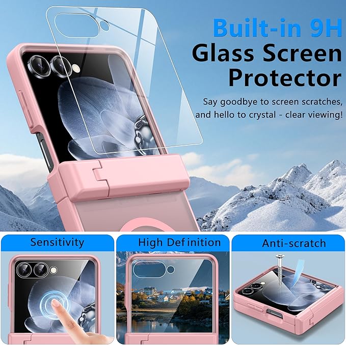 for Samsung Galaxy Z Flip 7 Case Fit for Magsafe [Hinge Protection＆ Kickstand][Built-in Screen Protector][Translucent Matte] 15FT Military Shockproof Full Body Phone Case for Z Flip 7,Pink