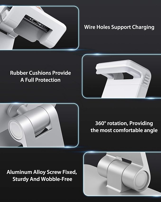 Maxonar Tablet Stand for Desk, 360° Adjustable Aluminum Alloy Swivel iPad Charging Tablet, iPad Pro Air Mini Tablet Holder for Bed Store POS Showcase Kitchen Office Drawing Desktop (6-13''), Silver