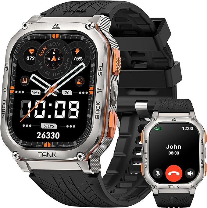 KOSPET Tank M3 Ultra Smart Watch with GPS, 5ATM Waterproof, Compass, Altitude, Air Pressure, Extra Large Battery, Full Stainless Steel, Bluetooth Call, 1.96'' AMOLED Always-on Display, AI Voice
