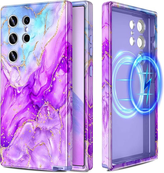 Casetego for Galaxy S24 Ultra Case,Compatible with MagSafe,[Military Grade Drop Test] Full Body Protection Slim Shockproof Rugged Marble Women Case for Samsung Galaxy S24 Ultra 6.8 inch,Bright Purple