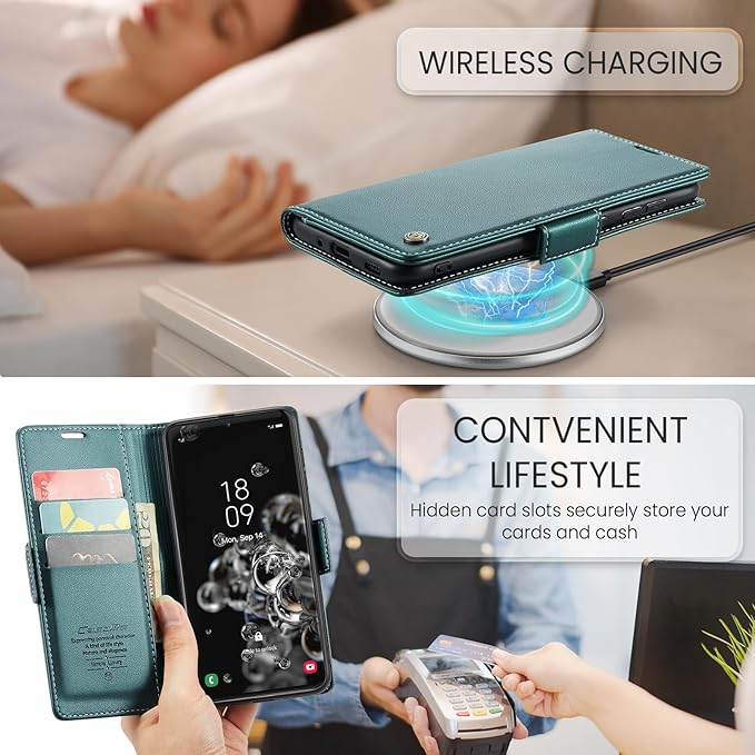 Case for Samsung Galaxy S20 Ultra Wallet Case, RFID Blocking PU Leather Flip Folio Cover Card Holder Kickstand Shockproof Phone Case Compatible with Samsung Galaxy S20 Ultra, Blue Green