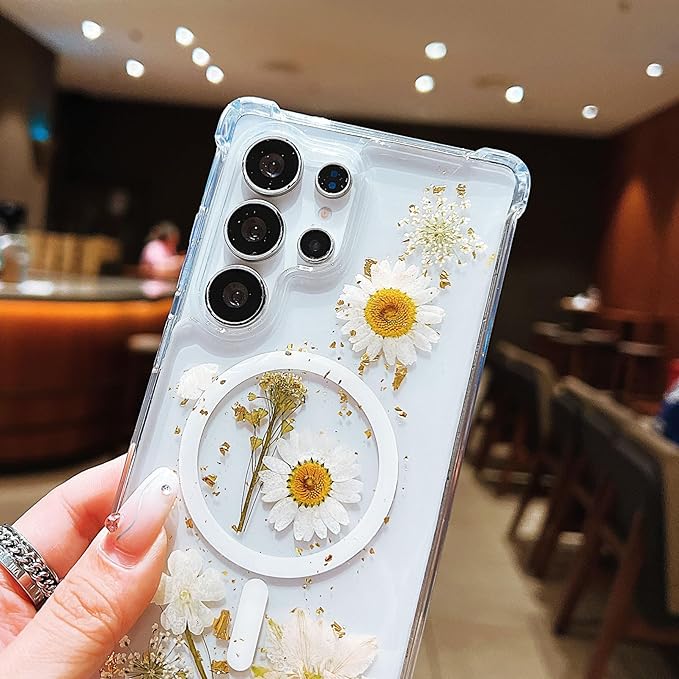 Compatible with Samsung Galaxy S25 Ultra Case,Compatible with MagSafe,Cute Pressed Dried Flowers Design Women Girly Shockproof Floral Clear Magnetic Case for Galaxy S25 Ultra (White)