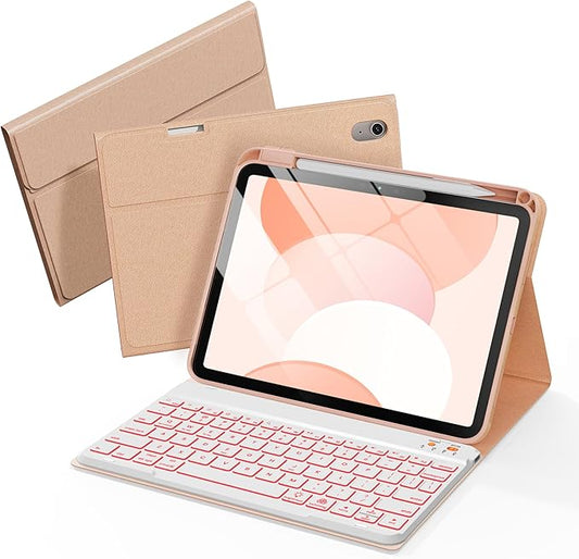 Folio Keyboard Case for iPad 10th Gen 10.9 inch (2022) and iPad 11th (A16, 2025), Magnetic Wireless Detachable Keyboard, 7-Color Backlight, Thin & Light, Pencil Holder (Pink)