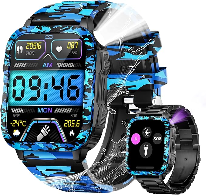 Military Smart Watch for Men with LED Flashlight/UV Light 1.96" Big Screen Rugged Tactical Smartwatch 3ATM Waterproof Fitness Tracker with HR/Sleep Monitor for iPhone Android (Two Watch Bands)