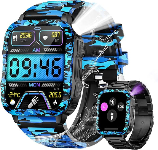 Military Smart Watch for Men with LED Flashlight/UV Light 1.96" Big Screen Rugged Tactical Smartwatch 3ATM Waterproof Fitness Tracker with HR/Sleep Monitor for iPhone Android (Two Watch Bands)