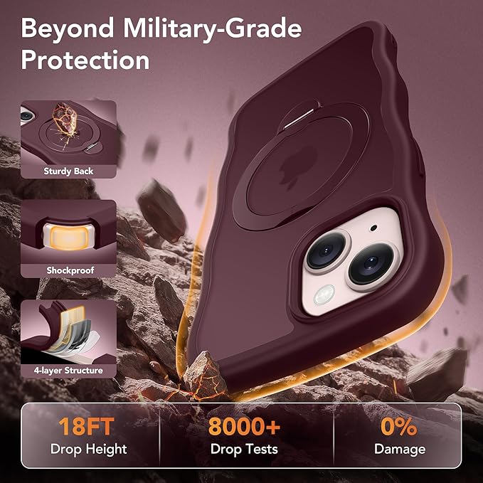 for iPhone 13 Case & iPhone 14 Case for Women,[Compatible with Magsafe][360° Spin Magnetic Stand][Cute Wave Edge][Military-Grade Protection]Translucent Matte Phone case for iPhone 13/14, Wine Red