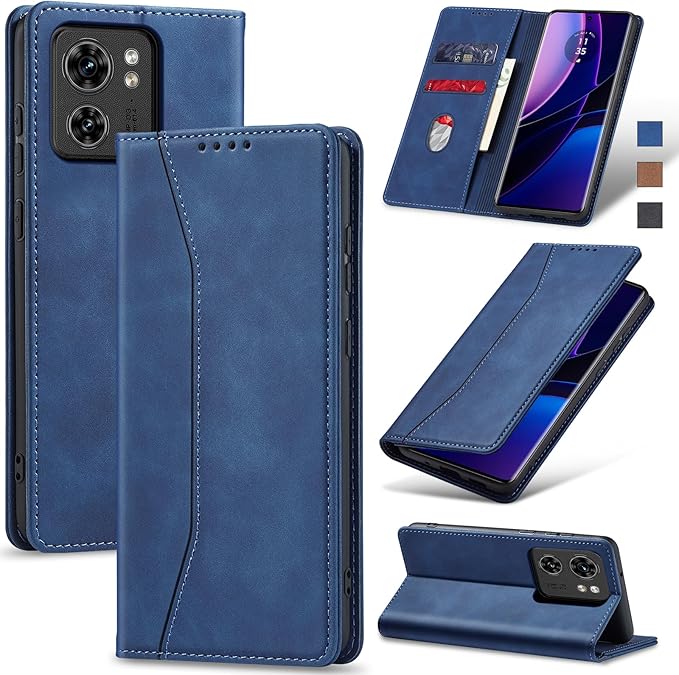 Jasonyu Flip Wallet Case for Motorola Edge (2023),Leather Magnetic Folio Cover with Card Holder,Kickstand - TPU Shockproof Durable Protective Phone Case,Blue