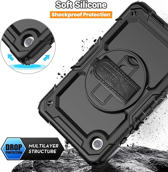 SEYMAC for Samsung Galaxy Tab A9 Case 8.7 Inch 2023 (SM-X110/X115/X117), Heavy Duty Shockproof Protective Case with Screen Protector, Rotating Stand, Hand/Shoulder Strap and Pen Holder, Black