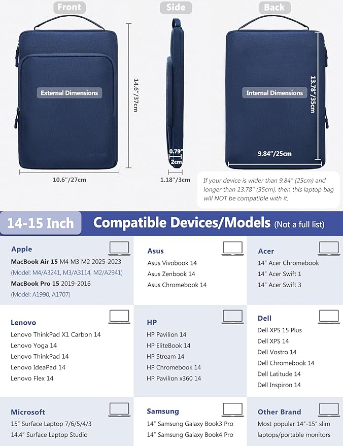 HYZUO 14-15 Inch Laptop Bag Sleeve for MacBook Air 15 M4 M3 M2, MacBook Pro 15, XPS 14/15 Plus, 15" Surface Laptop, Notebook Case for 14" Dell HP Lenovo ThinkPad Asus Acer Huawei, Navy Blue
