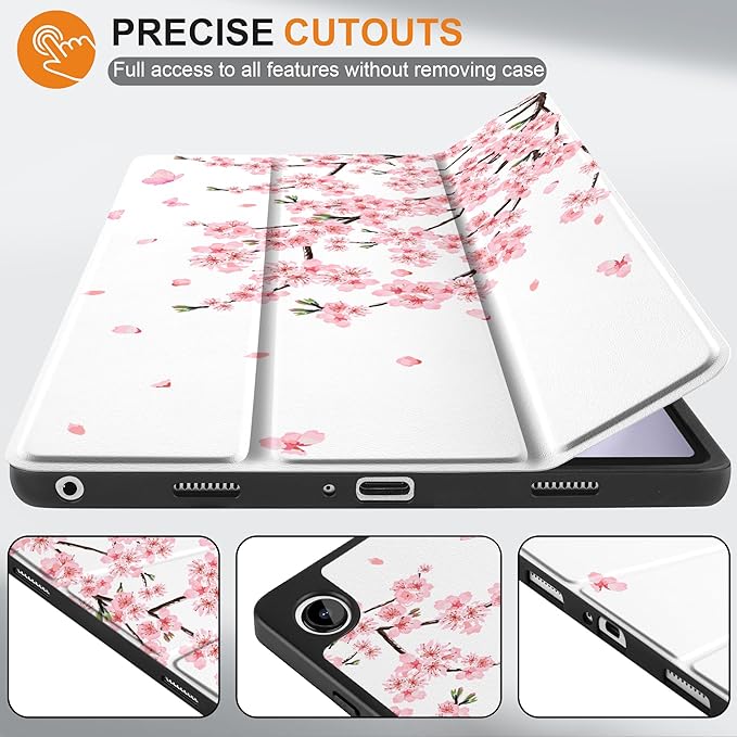 MEEgoodo Case for Samsung Galaxy Tab A9 Plus 11 inch Cover 2024 2023 with S Pen Holder, A9+ Smart Tablet Cases with Leather Trifold Stand+Soft TPU Back Shell+Smart Auto Wake/Sleep, Cherry Blossoms