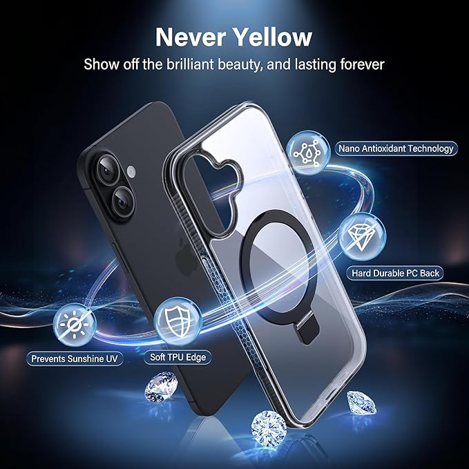 Magnetic Case for iPhone 17 - [Built-in Invisible Stand] [Compatible with MagSafe] [Military Grade Drop Protection] Anti-Yellowing Hard Back Silicone Edge Cover, 6.3", Clear Black