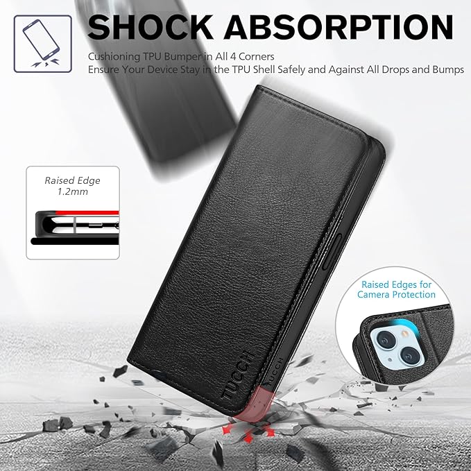 TUCCH Wallet Case for iPhone 15 5G, PU Leather Folio with [RFID Blocking] [3 Card Slot], Protective Kickstand [Shockproof TPU Interior Case] Compatible with iPhone 15 6.1" 2023, Textured Black