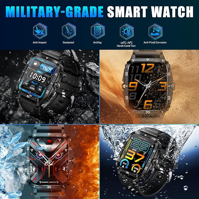 Military Smart Watches for Men (Make/Answer Call) 1.96" Screen Outdoor Activity Tracker with 100+ Sport Modes Health Monitor 3ATM Waterproof Smartwatch