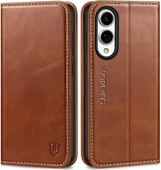 SHIELDON Case for Galaxy S25 Edge 5G, Genuine Leather Folio Wallet Magnetic Kickstand RFID Blocking Card Slots Shockproof Full Protection Cover Compatible with Galaxy S25 Edge 6.7" 2025 - Retro Brown