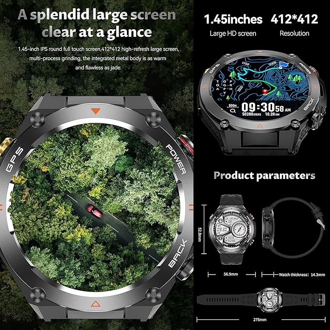 Military GPS Smart Watch: 1.45” IPS Screen, Built-In GPS, Altimeter, Barometer, Compass, Fitness/Wellness Tracker, BT Call, Games, Long Battery Life, 100+ Sports, Waterproof, AI Voice, Android/iOS