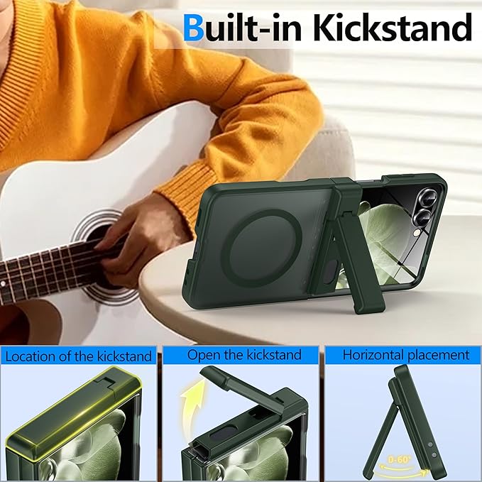 for Samsung Galaxy Z Flip 7 Case Compatible with Magsafe [Hinge Protection＆ Kickstand][Built-in Front Screen Protector] 15FT Military Shockproof Full Body Phone Case for Galaxy Z Flip 7, Green