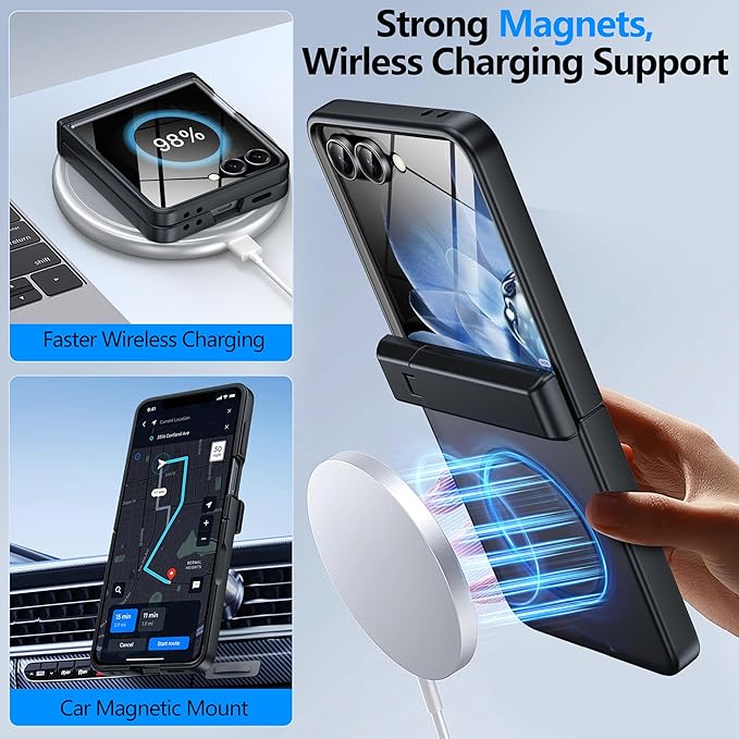 for Samsung Galaxy Z Flip 7 Case Fit for Magsafe [Hinge Protection＆ Kickstand][Built-in Screen Protector][Translucent Matte] 15FT Military Shockproof Full Body Phone Case for Z Flip 7,Black