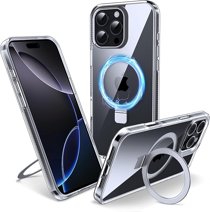 Magnetic Case for iPhone 16 Pro - [Built-in Invisible Stand] [Compatible with MagSafe] [Military Grade Drop Protection] Anti-Yellowing Hard Back Silicone Edge Cover, 6.3", Clear