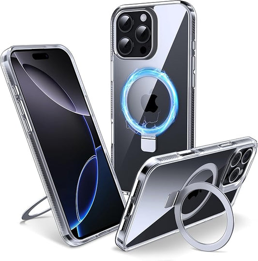 Magnetic Case for iPhone 16 Pro - [Built-in Invisible Stand] [Compatible with MagSafe] [Military Grade Drop Protection] Anti-Yellowing Hard Back Silicone Edge Cover, 6.3", Clear