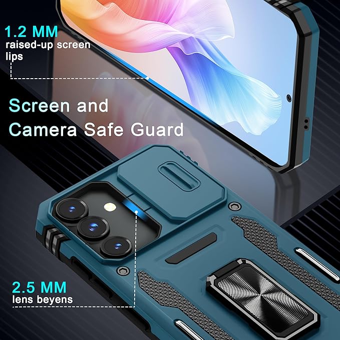 DEERLAMN Case for Samsung Galaxy S24 FE 6.7-Inch with Slide Camera Cover+Screen Protector(1 Pack), Rotated Ring Kickstand Military Grade Shockproof Protective Cover-Light Blue