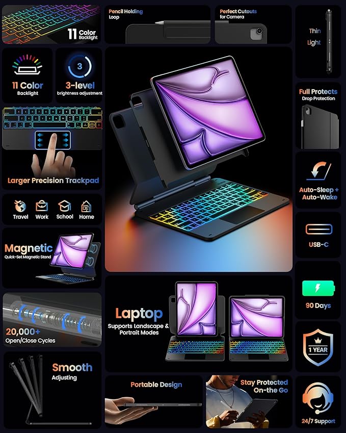 typecase Edge+ Keyboard Case for iPad Air 13-inch (M3 2025 / M2 2024),Ultra-Slim Detachable Back Case,Portrait & Typing Modes, Built-in Trackpad,11-Color Backlight, Magnetic Stand, Pencil Holder,Black