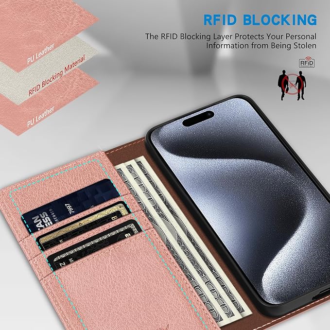 ZZXX for iPhone 15 Pro Wallet Case with [RFID Blocking] Card Slot Stand Strong Magnetic Leather Flip Fold Protective Phone Case for iPhone 15 Pro Case Wallet(Rose Gold-6.1 inch)