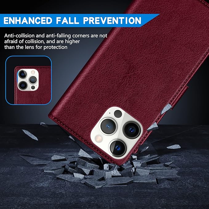 ZZXX for iPhone 15 Pro Wallet Case with [RFID Blocking] Card Slot Kickstand Magnetic Closure Leather Flip Fold Protective Phone Case for iPhone 15 Pro Case Wallet(Wine Red-6.1 inch)