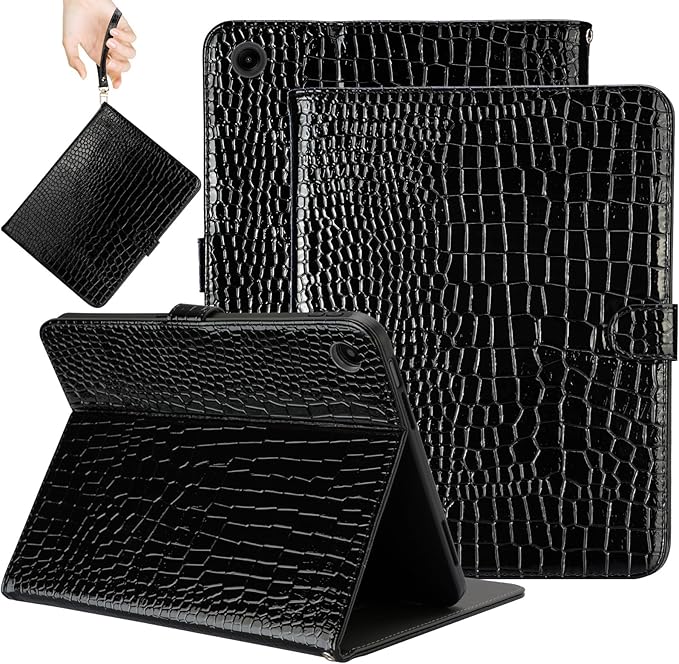 Elegant Case for Samsung Galaxy Tab A9 Plus 11 Inch 2023（Model: SM-X210/X216/X218）, Premium Leather Crocodile Cover | Stand | Card Pockets| Wrist Strap| S Pen Holde for Women Girls(Black)