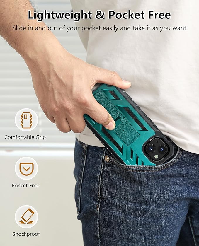 for iPhone 13/14 Protective Case: for iPhone 16e Cover Heavy Duty Military Grade Hard Protection Shock Proof Grip | Durable Dual-Layer Design with Built-in Kickstand Teal