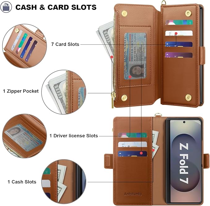 Antsturdy Compatible with Samsung Galaxy Z Fold7 Case Wallet with Card Holder,Z Fold 7 5G Phone Case with Strap Shockproof PU Leather RFID Blocking Flip Cover Credit Card Slots Women Men,Light Brown