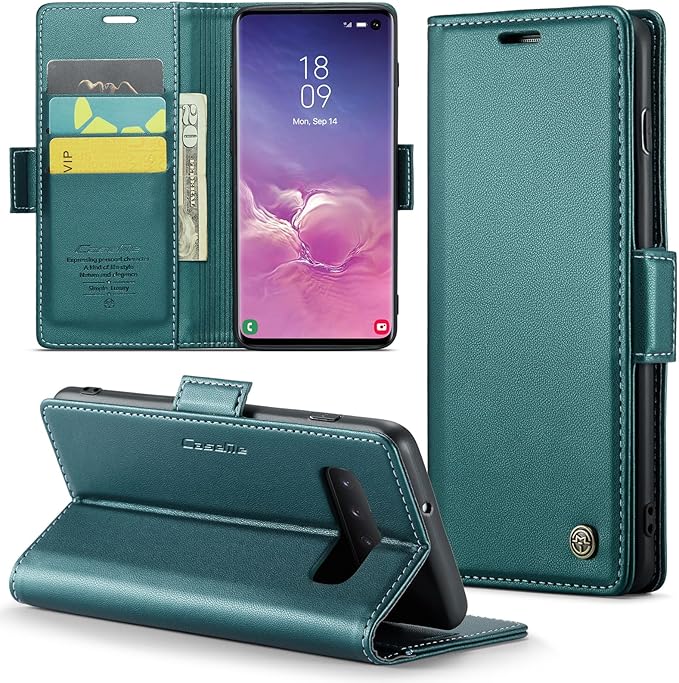 Case for Samsung Galaxy S10 Wallet Case, RFID Blocking PU Leather Flip Folio Cover Card Holder Kickstand Shockproof Phone Case Compatible with Samsung Galaxy S10, Blue Green
