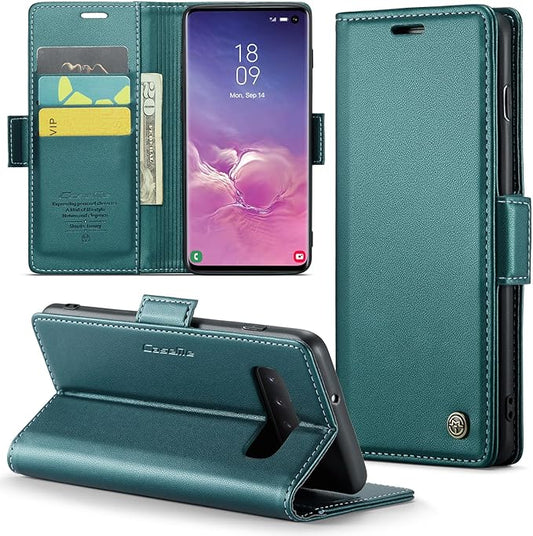 Case for Samsung Galaxy S10 Wallet Case, RFID Blocking PU Leather Flip Folio Cover Card Holder Kickstand Shockproof Phone Case Compatible with Samsung Galaxy S10, Blue Green