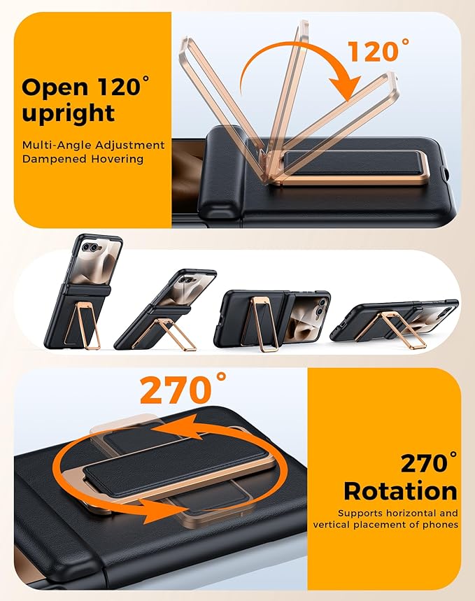 for Motorola Razr Ultra 2025 Case, Built-in Screen Protector & Hinge Protection & 360° Spin Stand & Hand Strap, Ultra Thin Genuine Leather Shockproof Phone Case for Razr Ultra 2025(Black)