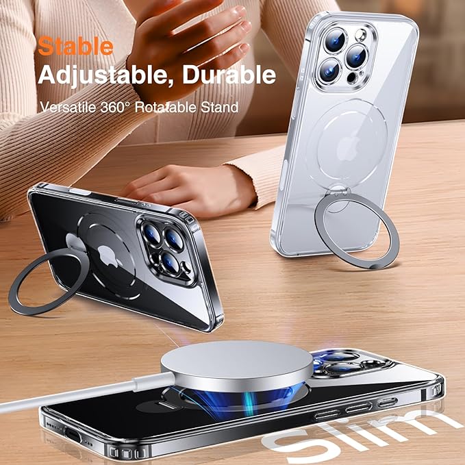 360° O-Ring MagStander for iPhone 16 Pro Case with Magnetic Kickstand Ring Holder [Compatible with MagSafe][360°Rotate Stand Ring][Military Shockproof] iPhone 16 Pro Phone Cover Clear