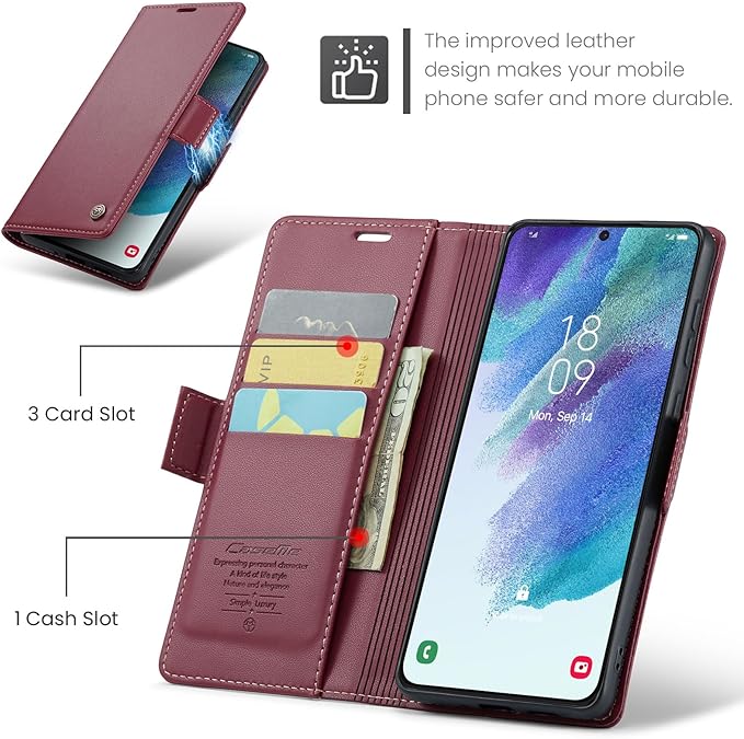 Case for Samsung Galaxy S21 FE Wallet Case, RFID Blocking PU Leather Flip Folio Cover Card Holder Kickstand Shockproof Phone Case Compatible with Samsung Galaxy S21 FE, Red