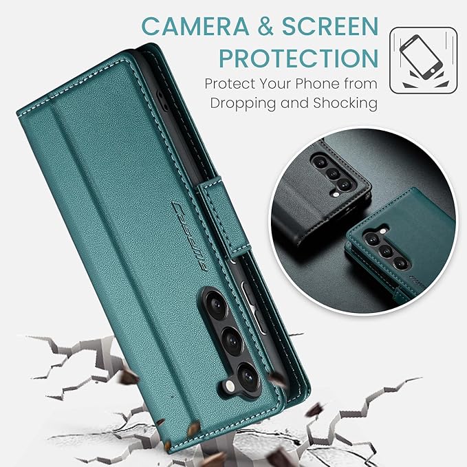 Case for Samsung Galaxy S24 Wallet Case, RFID Blocking PU Leather Flip Folio Cover Card Holder Kickstand Shockproof Phone Case Compatible with Samsung Galaxy S24, Blue Green