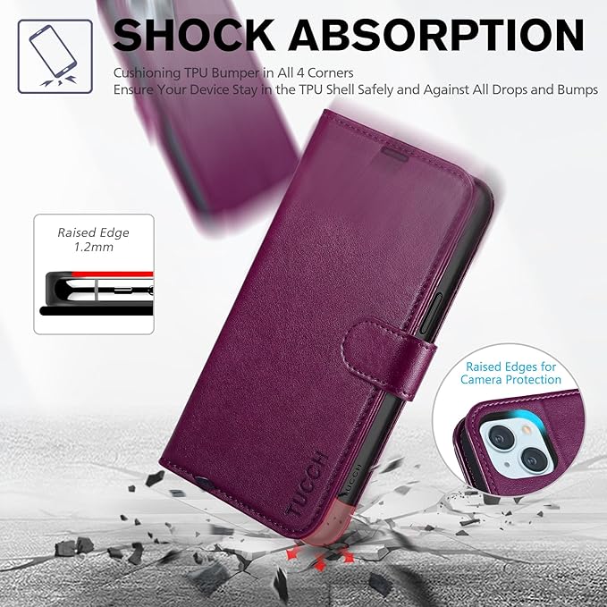 TUCCH Case Wallet for iPhone 15 6.1-inch 5G, [TPU Shockproof Inner Shell] PU Leather [RFID Blocking] 4 Credit Card Holder Magnetic Kickstand Flip Cover Compatible with iPhone 15 6.1" 2023, Plum Purple