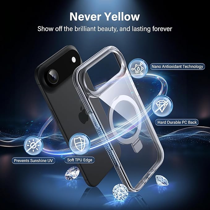 Magnetic Case for iPhone Air - [Built-in Invisible Stand] [Compatible with MagSafe] [Military Grade Drop Protection] Anti-Yellowing Hard Back Silicone Edge Cover, 6.5", Clear
