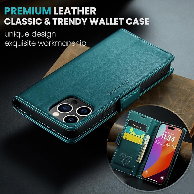 for iPhone 15 Pro Max Case, Premium PU Leather Wallet Case Flip Cover with [RFID Blocking][Card Holder][Stand Function] Shockproof Protective for iPhone 15 Pro Max 6.7", Blue-Green